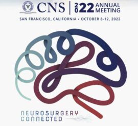 Styled illustration of human brain with text reading Congress of Neurological Surgeons Annual Meeting, being held on October 8th through the 12th in San Francisco