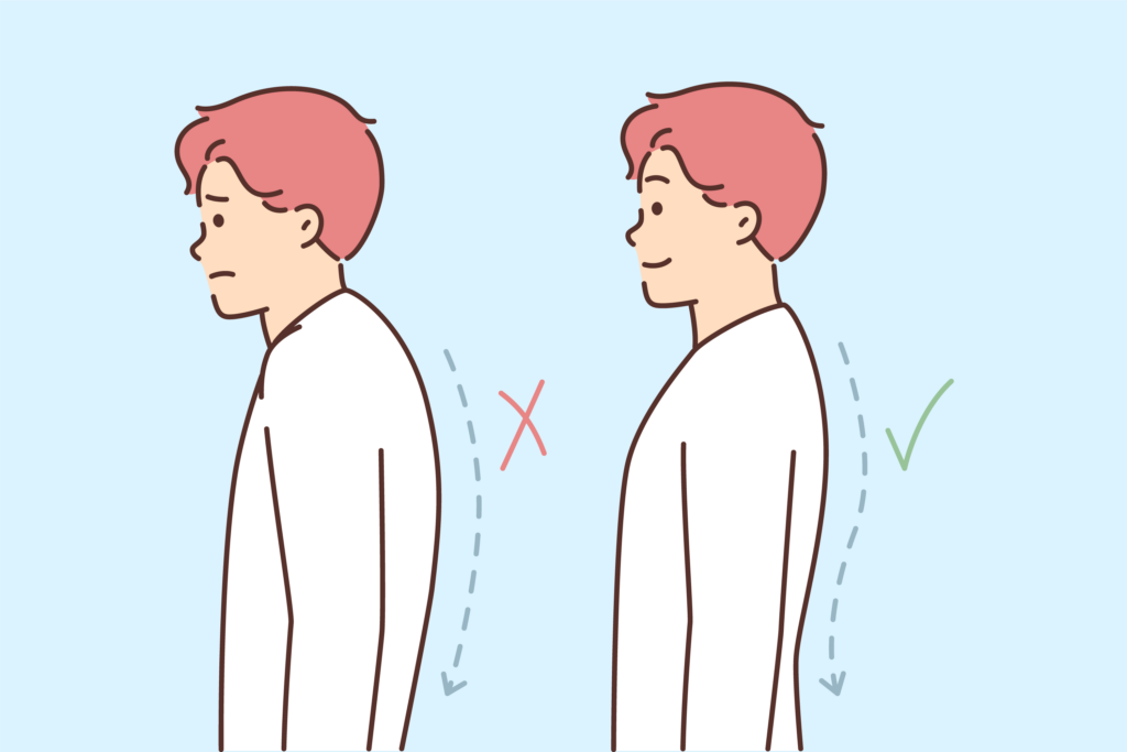 Illustration of incorrect, slouching posture, and correct, upright posture.