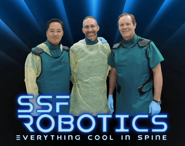 Photo illustration of Drs. Terrence Kim, Doniel Drazin, and J. Patrick Johnson with the words, SSF Robotics, Everything Cool in Spine, across the bottom.