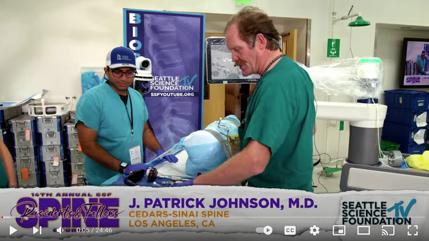Screen shot from video of Dr. Johnson demonstration at the the Seattle Science Foundation's Everything Cool in Spine Surgery event.